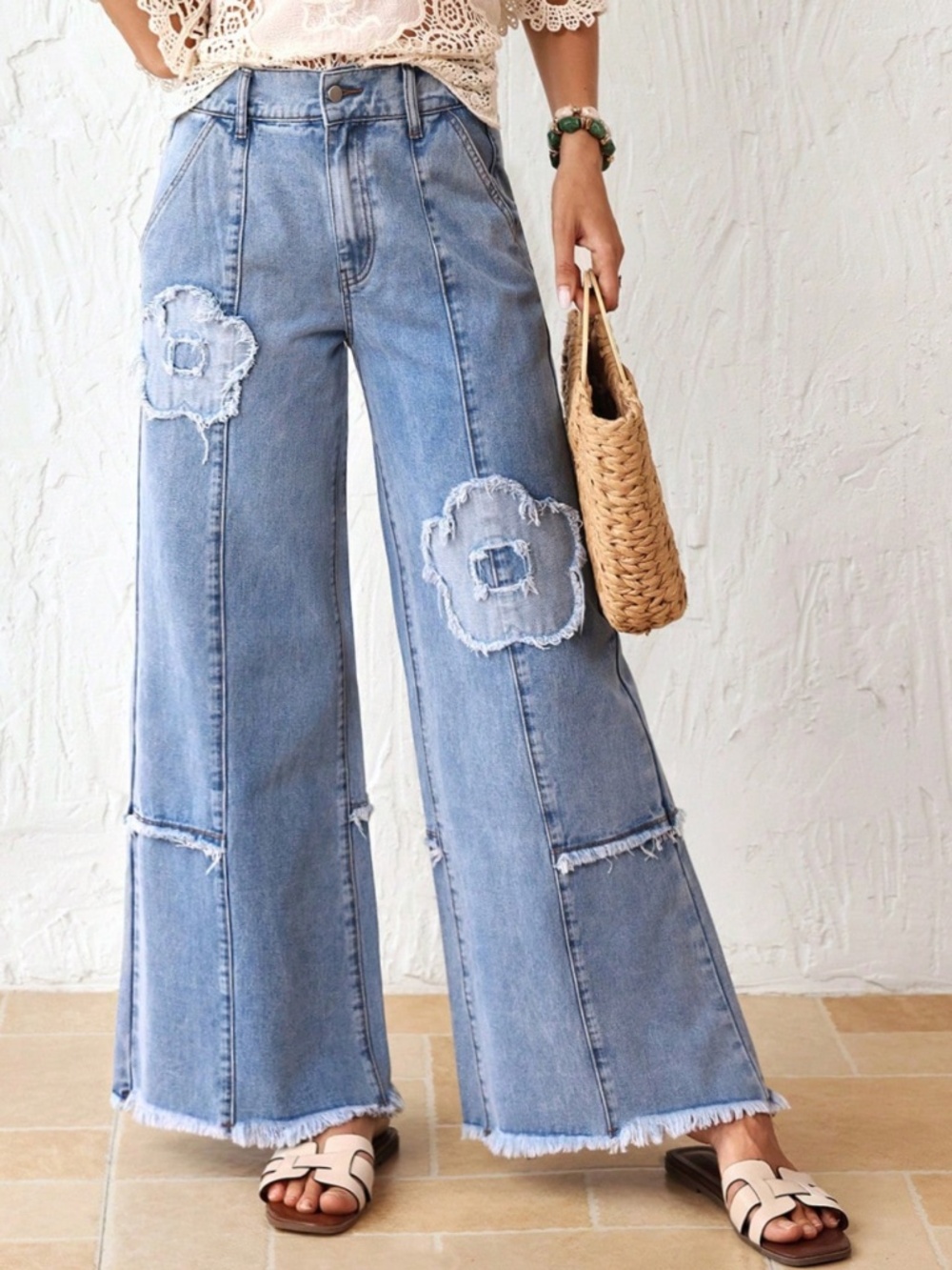 Western Light Wash Flower Patchwork Frayed Hem Wide leg Denim Jeans - Picture 1 of 6